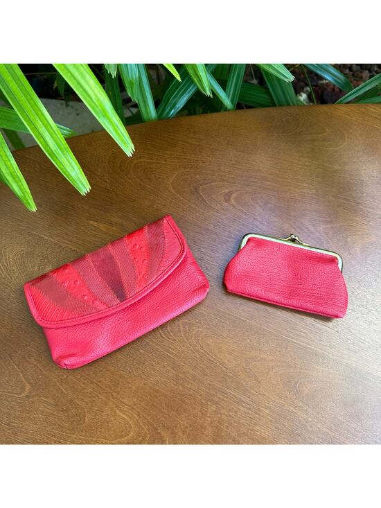 unknown Handbags - Vintage 1980s Red Leather Clutch Handbag with Attachable Coin Purse